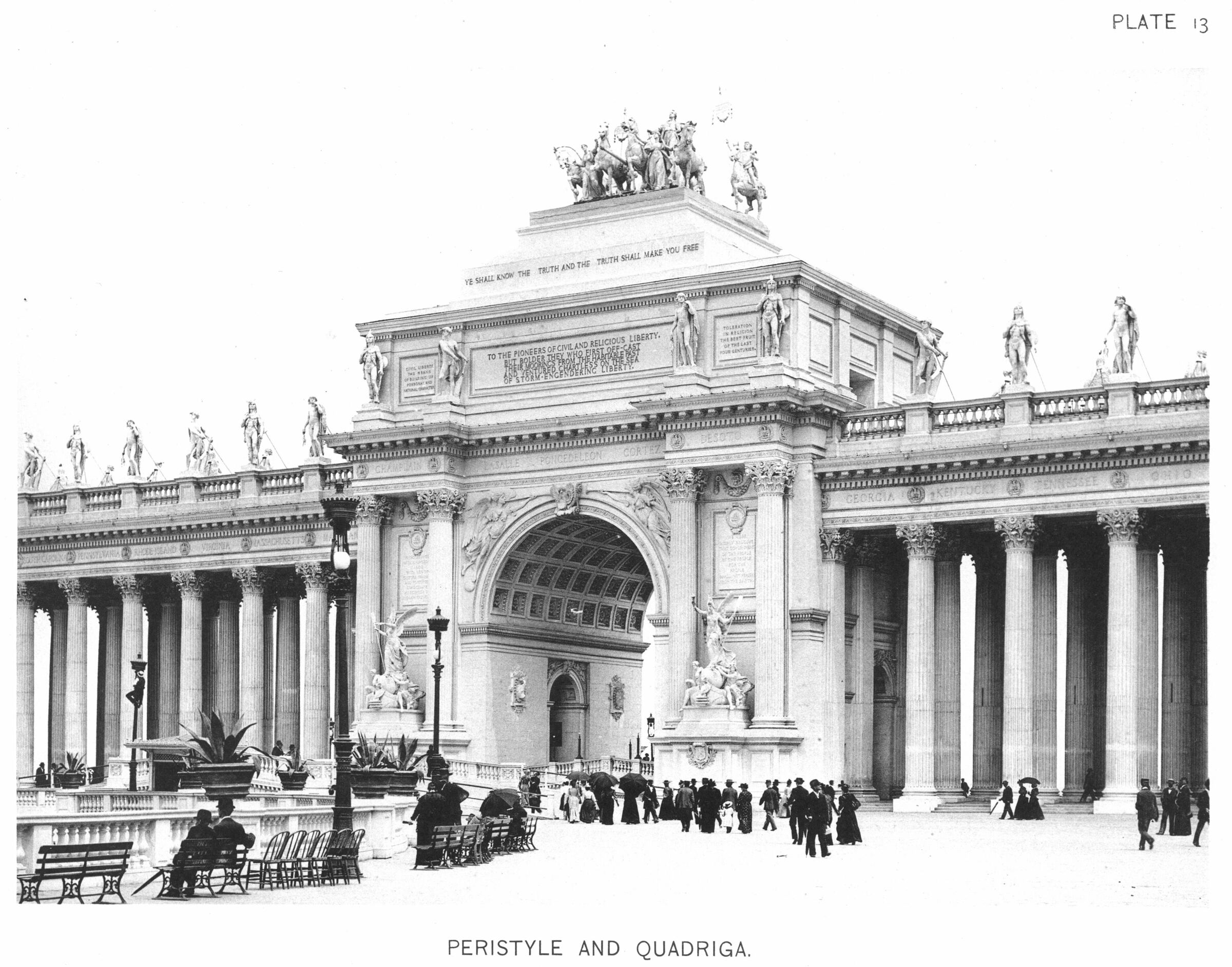 Grabado: el peristilo y la cuadriga, Exposición Colombina de Chicago, 1893